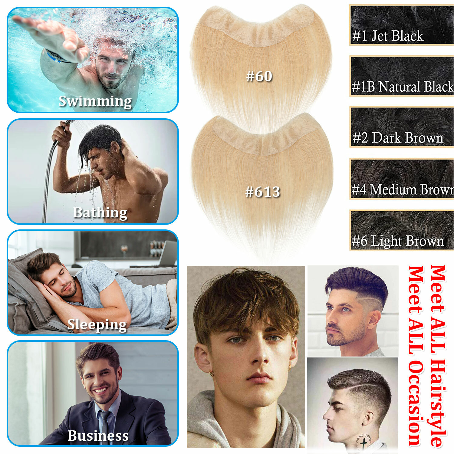 Mono PU Thin Skin Toupee Remy 100% Human Hair Hairpiece Wig Replacement System H
