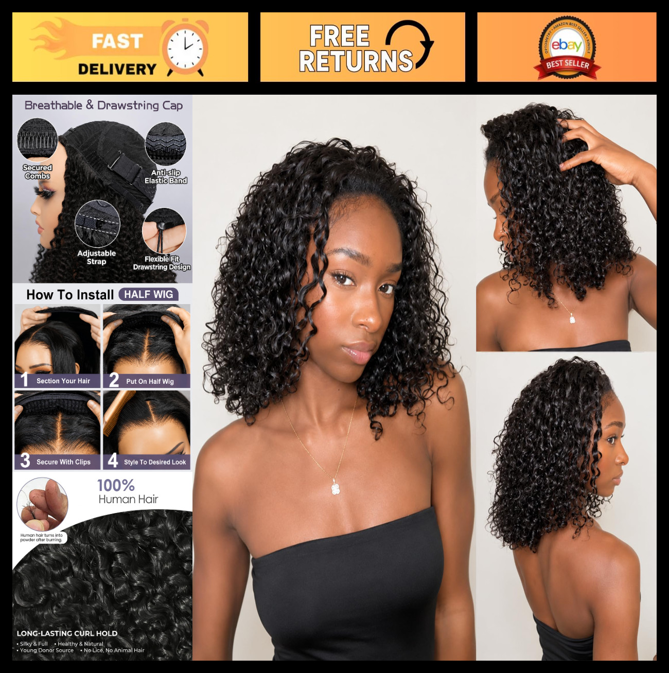 180 Density 14 Inch Half Wig Human Hair Glueless Drawstring Clip-In Water Wave f