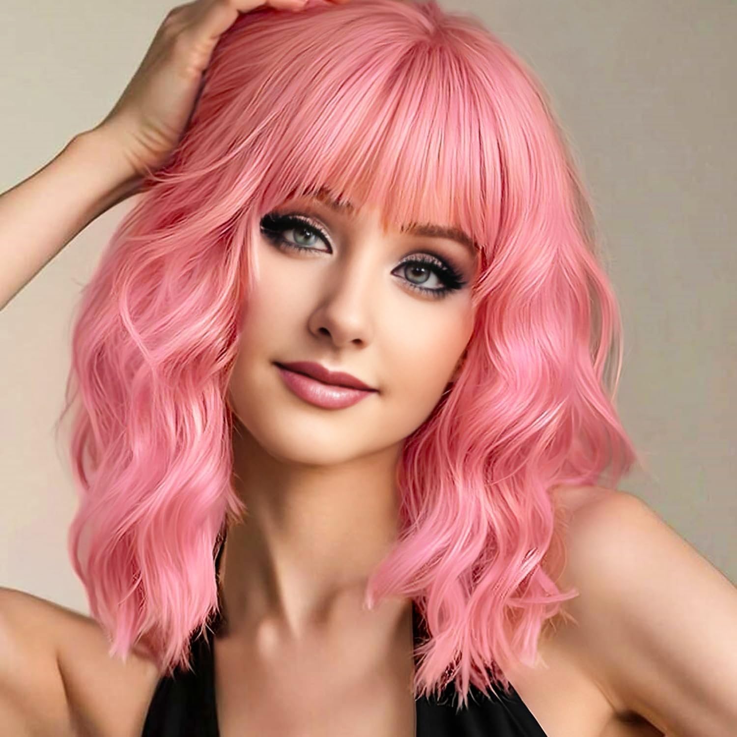14″ Pastel Pink Wavy Bob Wig for Women Cosplay Party 166E424736