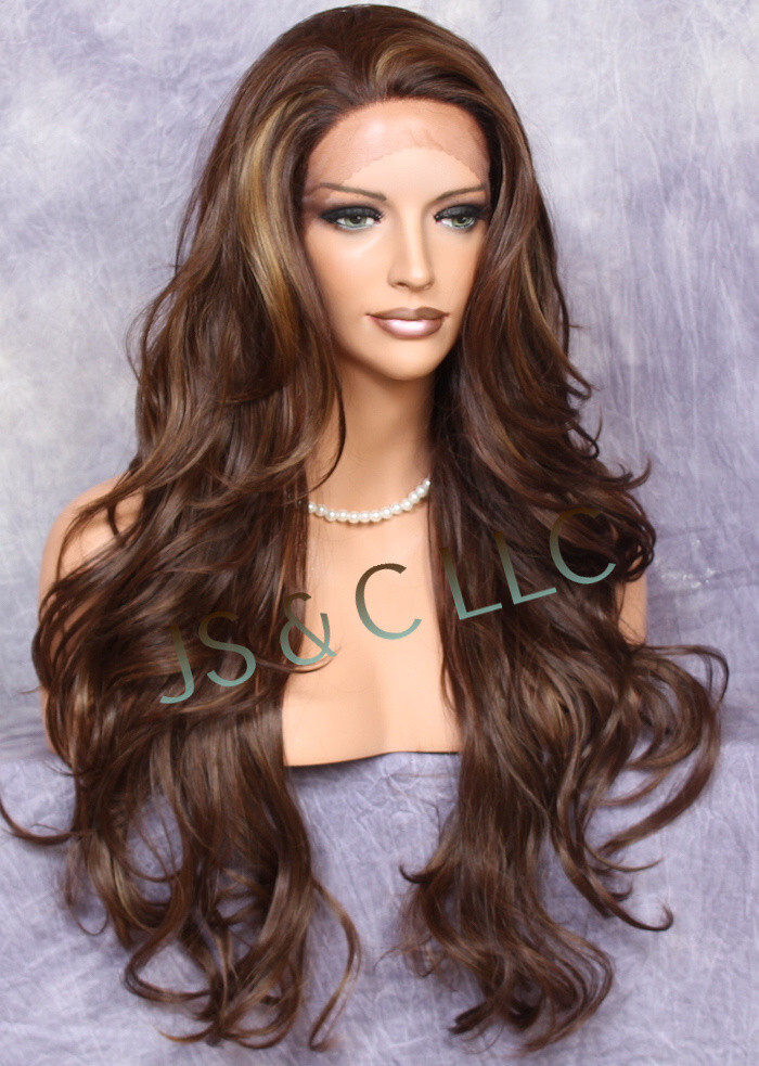 Heat OK Human Hair Blend Full Lace Front WIG Long Wavy Brown Auburn Mix WBKM
