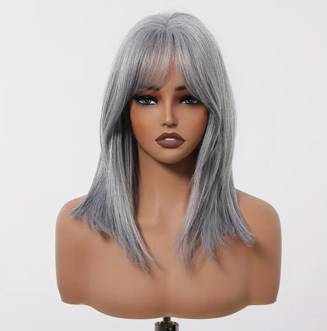 12″ Short Wavy Straight Grey Hair Wigs for Women Synthetic Heat Resistant Wigs