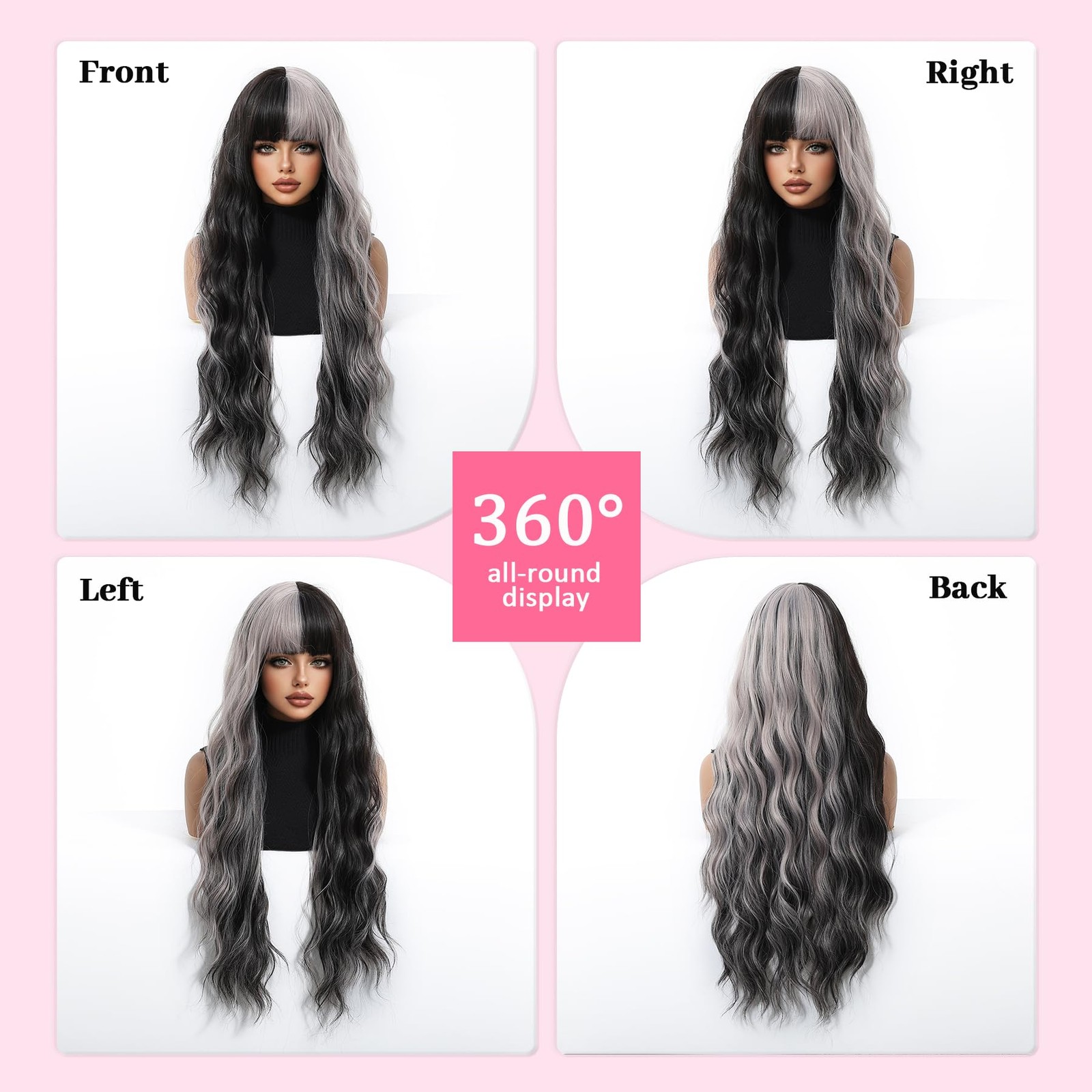 Silver Grey Black Highlighted Wig Long Wavy Wig with Bangs Synthetic Wigs for…