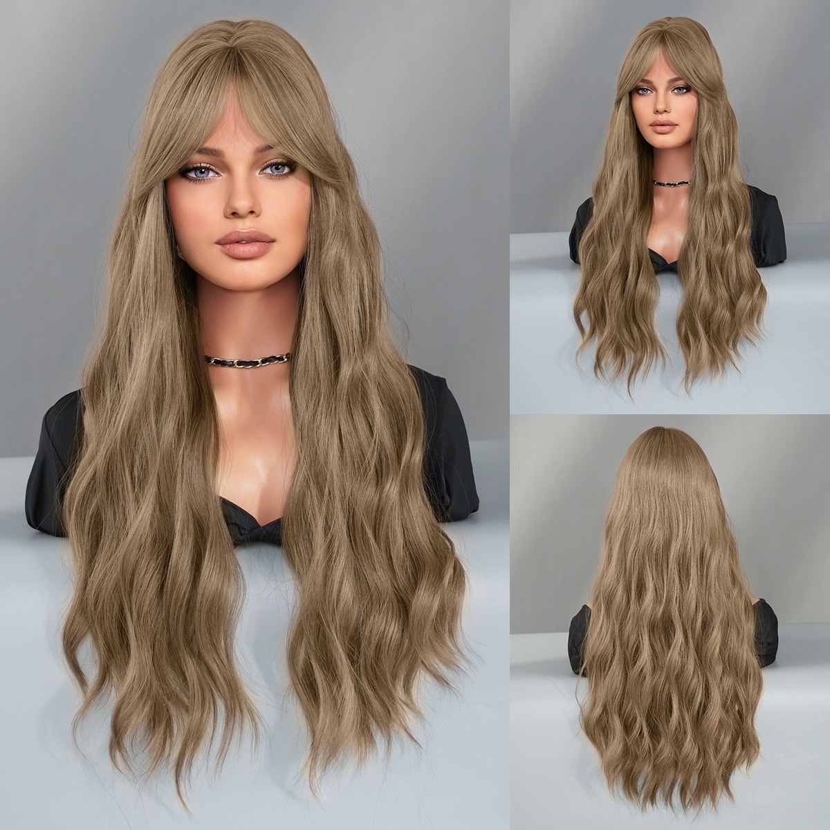Bronze-golden long curly hair full head cover made of synthetic fiber with waves