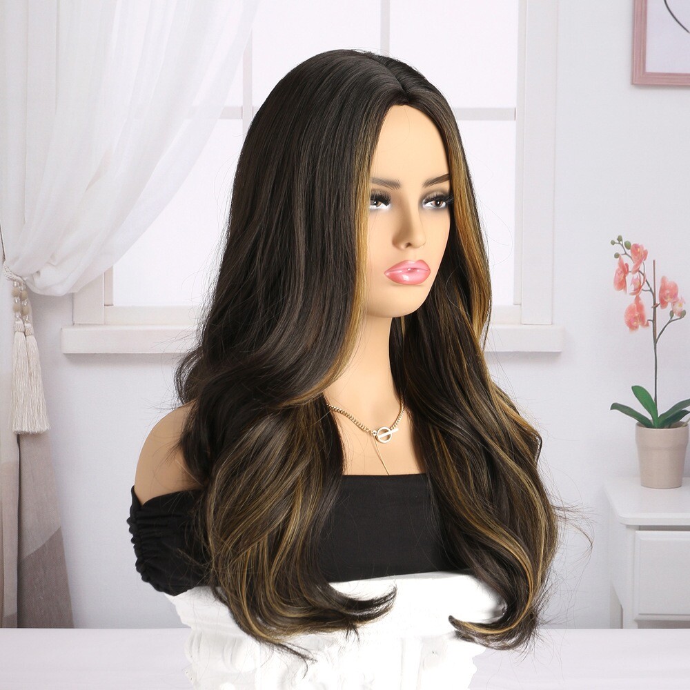 24″ Long Brown to Gold Ombre Wavy Wig for Women Heat Resistant Synthetic Cosplay