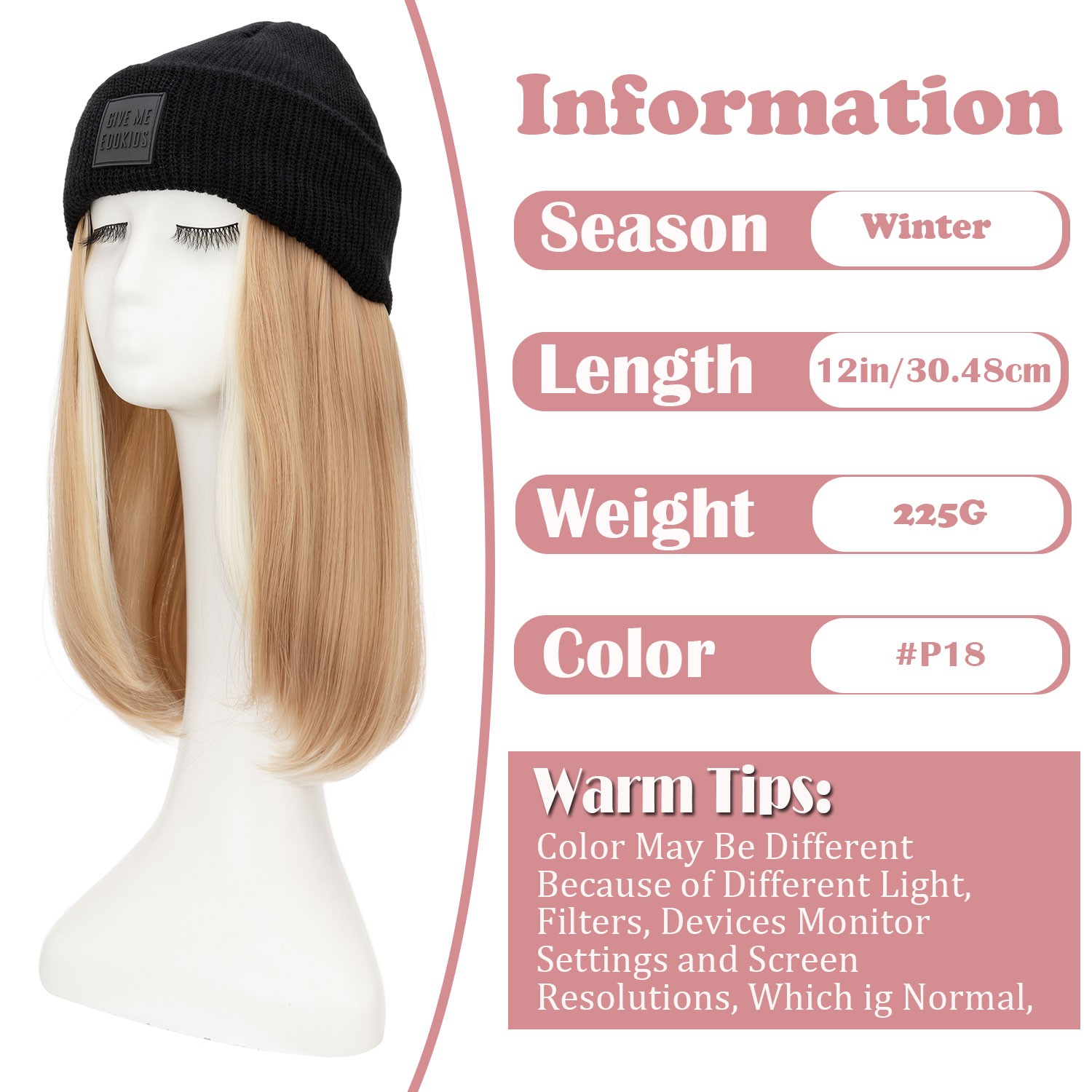 Winter Wig Hat with Hair Attached for Women Knitted Beanie Wigs Winter Hat Warm