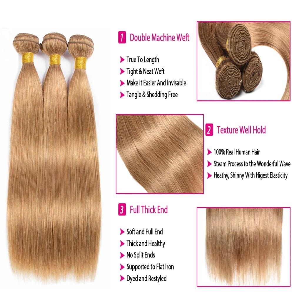 Giginger Brazilian Human Hair Bundles 24 26 28 Inch Honey Brown 27 Color