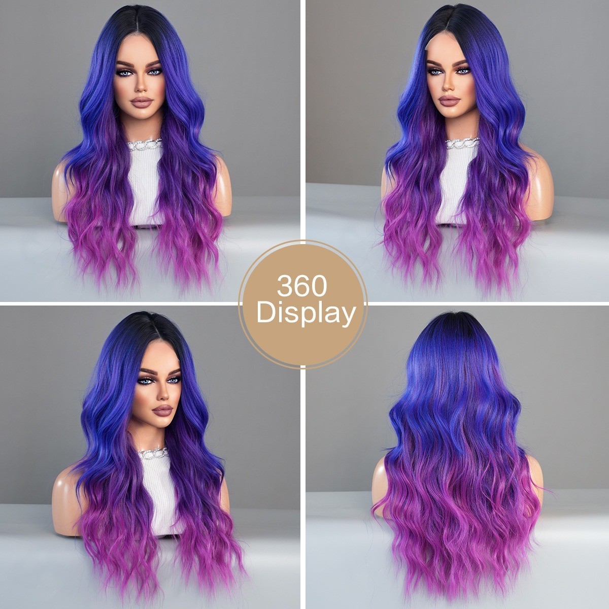 Dreamy purple-blue Lace wig with dreamy purple-blue gradient parted wavy curls