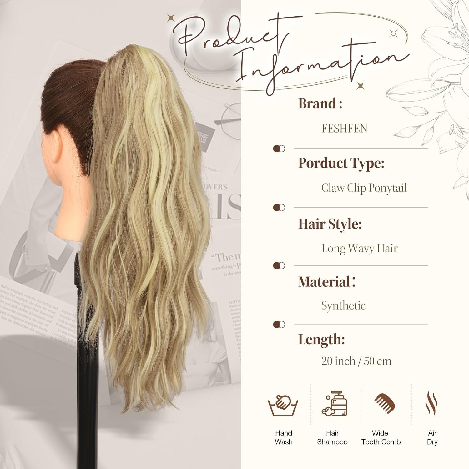 Effortless 20-Inch Wavy Ponytail Extension – Claw Clip Design for All Ages