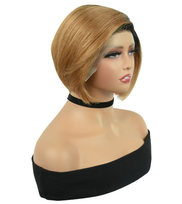 Short 100% Human Hair T P Lace Front Rooted Gold Blonde Natural Wigs Soft
