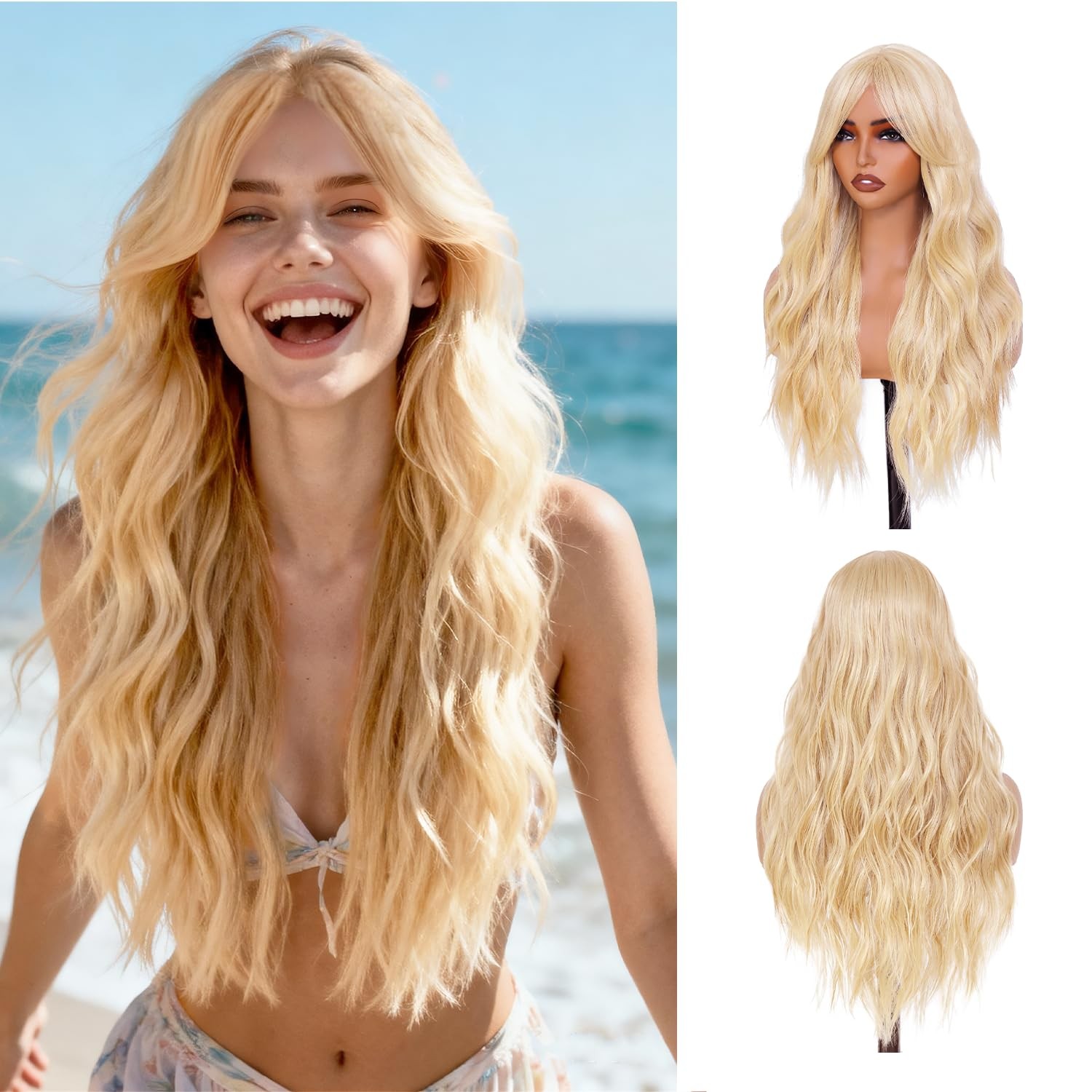 Long Mixed Blonde Wavy Wig with Curtain Bangs for Women 26 Inch Heat Resistan…