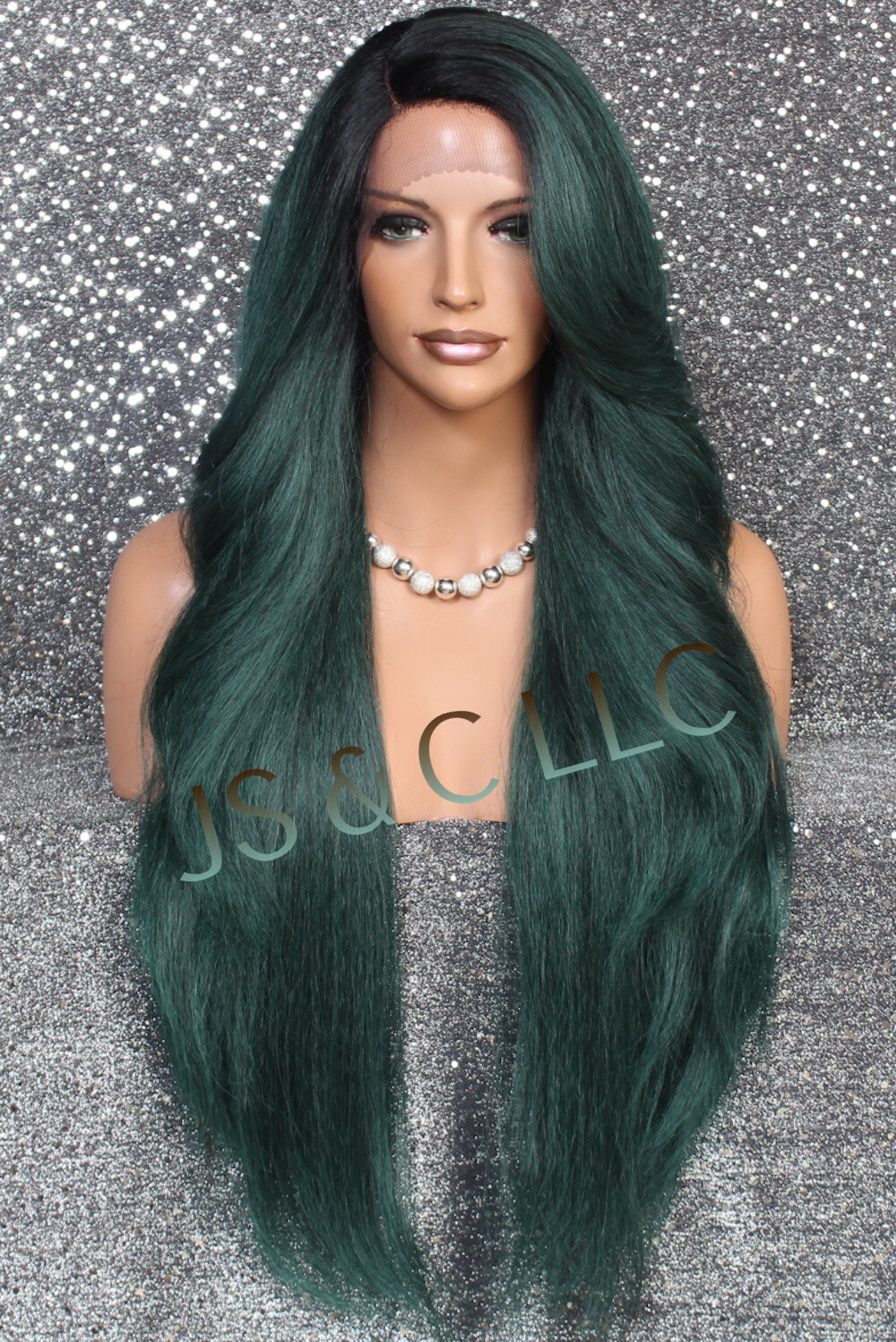 Extra LongHuman Hair blend Heat OK Lace Front Wig WBPC Dark Green