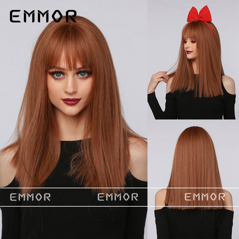 Berry Red Medium Straight Wig with Bangs Skin Brightening Full Head Synthetic