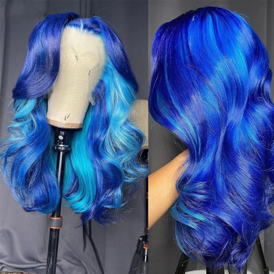 Body Wave Blue Highlight Lace Front Human Hair Wigs 180% Density Brazilian Hair
