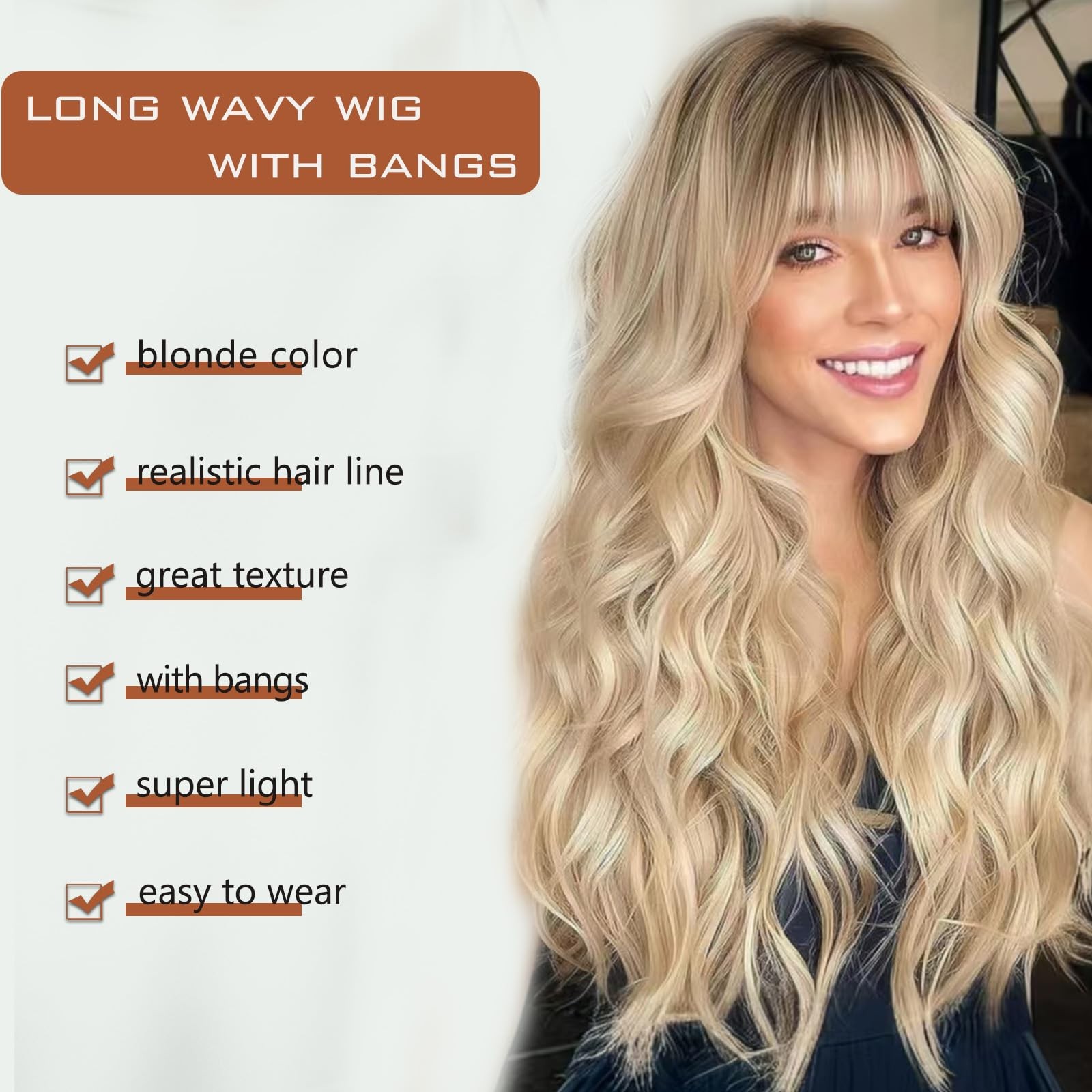 Blonde Wig with Bangs for Women 26 Inch Long Wavy Blonde Wigs Synthetic Heat …