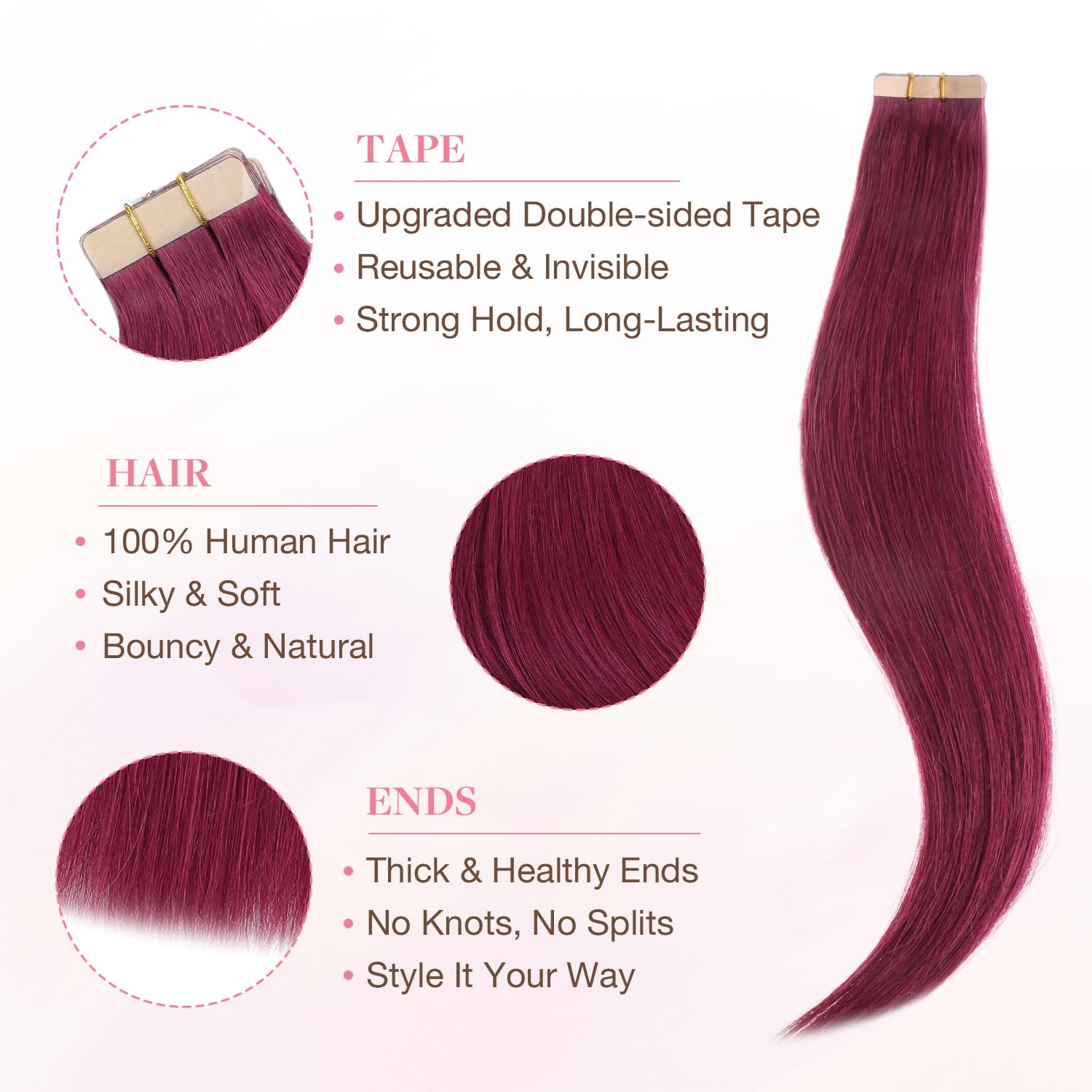 GOO GOO Tape in Hair Extensions Human, Burgundy, 12inch 20g 10pcs