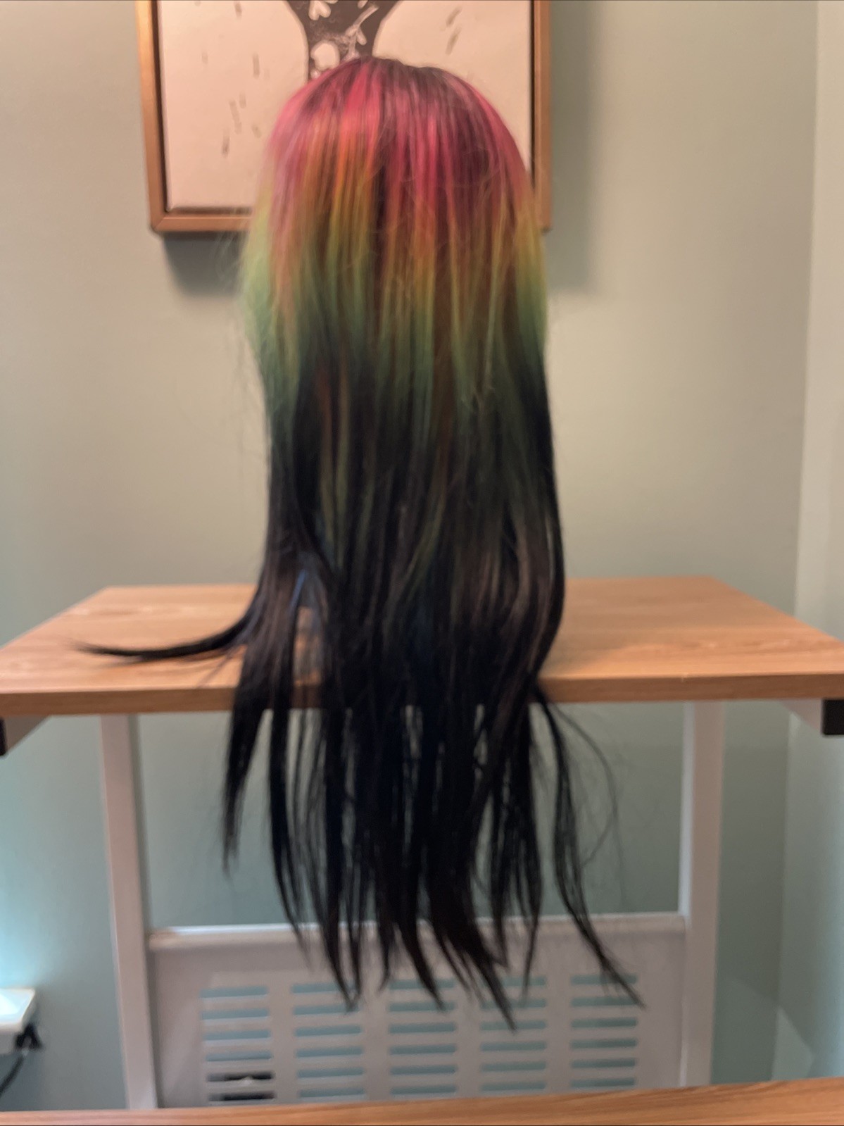 Straight Black Synthetic Lace front deep Part Wig With Rainbow Ombré
