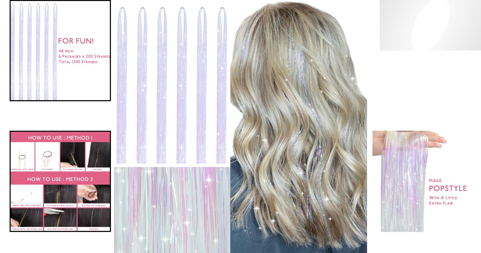 48 Inch Bright White Hair Tinsel Extensions – 6PK Hypoallergenic Glitter Strands