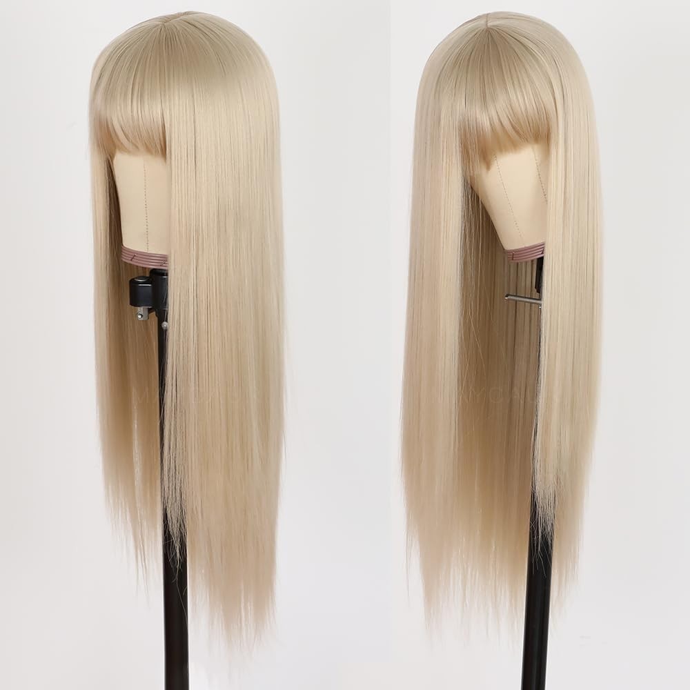 22-Inch Ash Blonde Wig with Bangs – Heat Resistant Synthetic & Glueless Design