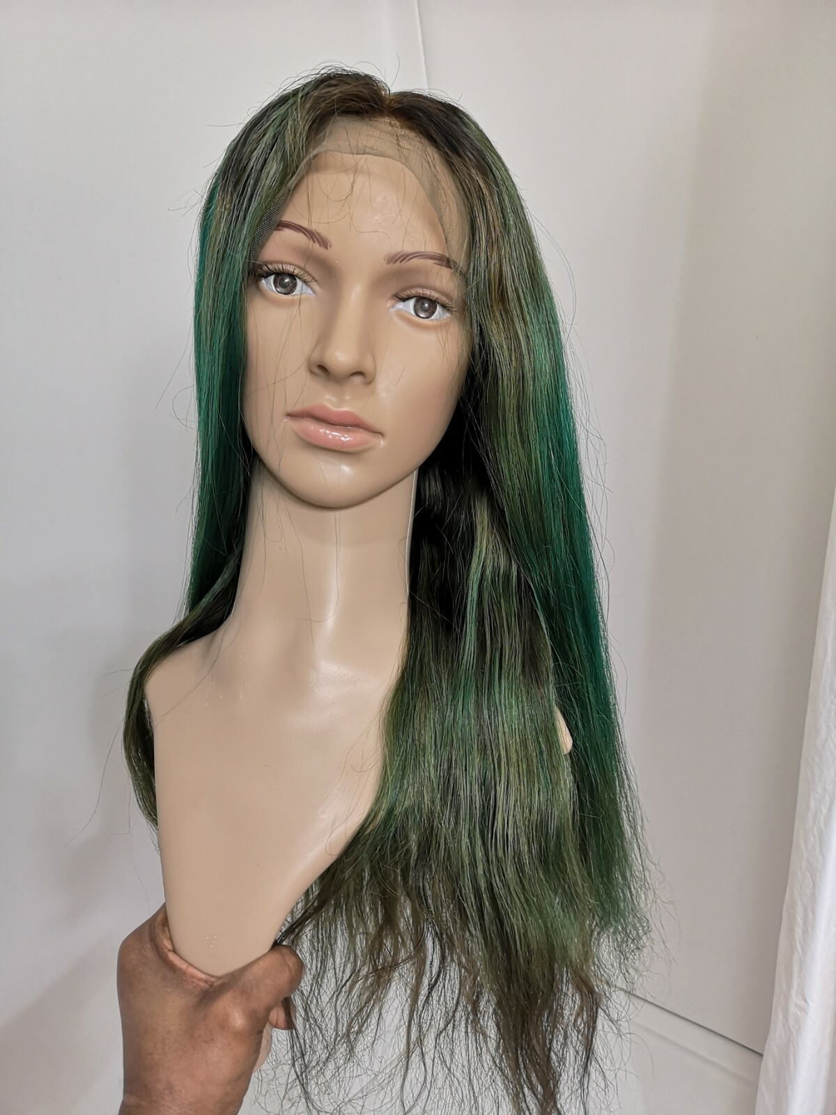 Custom High Quality 24” Soft Silk Green Brown Human Hair Front Lace Wig