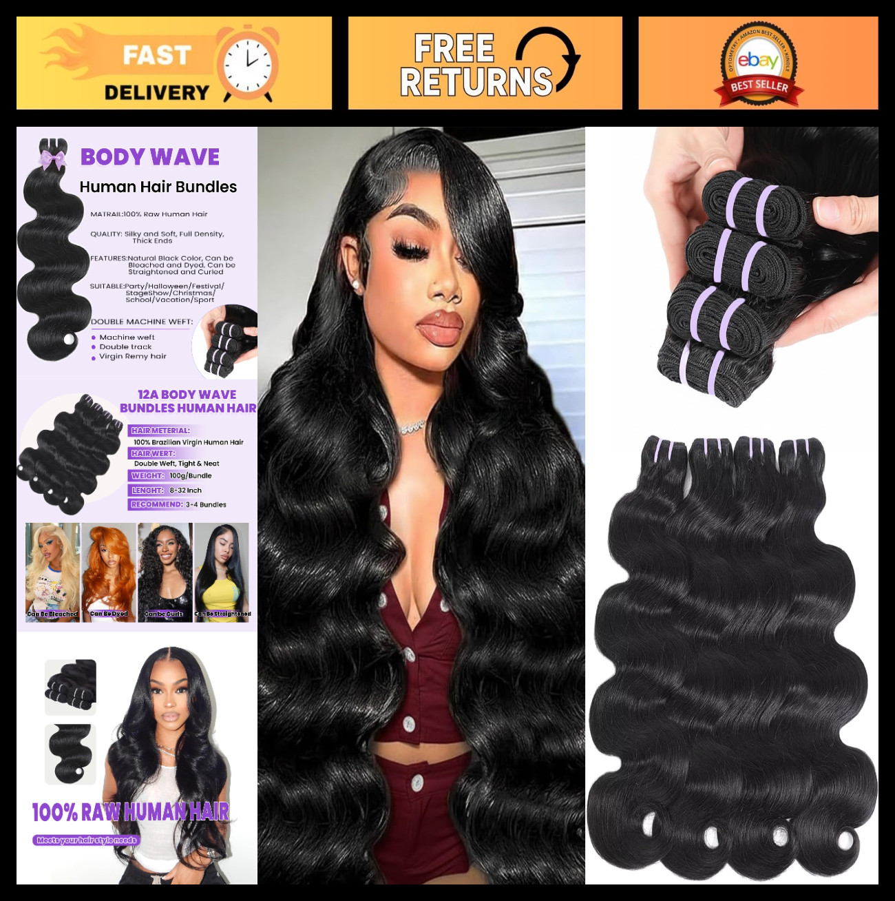 12A Body Wave Human Hair Extensions 20-26 Inch, 4 Bundles, Natural Black, Silky