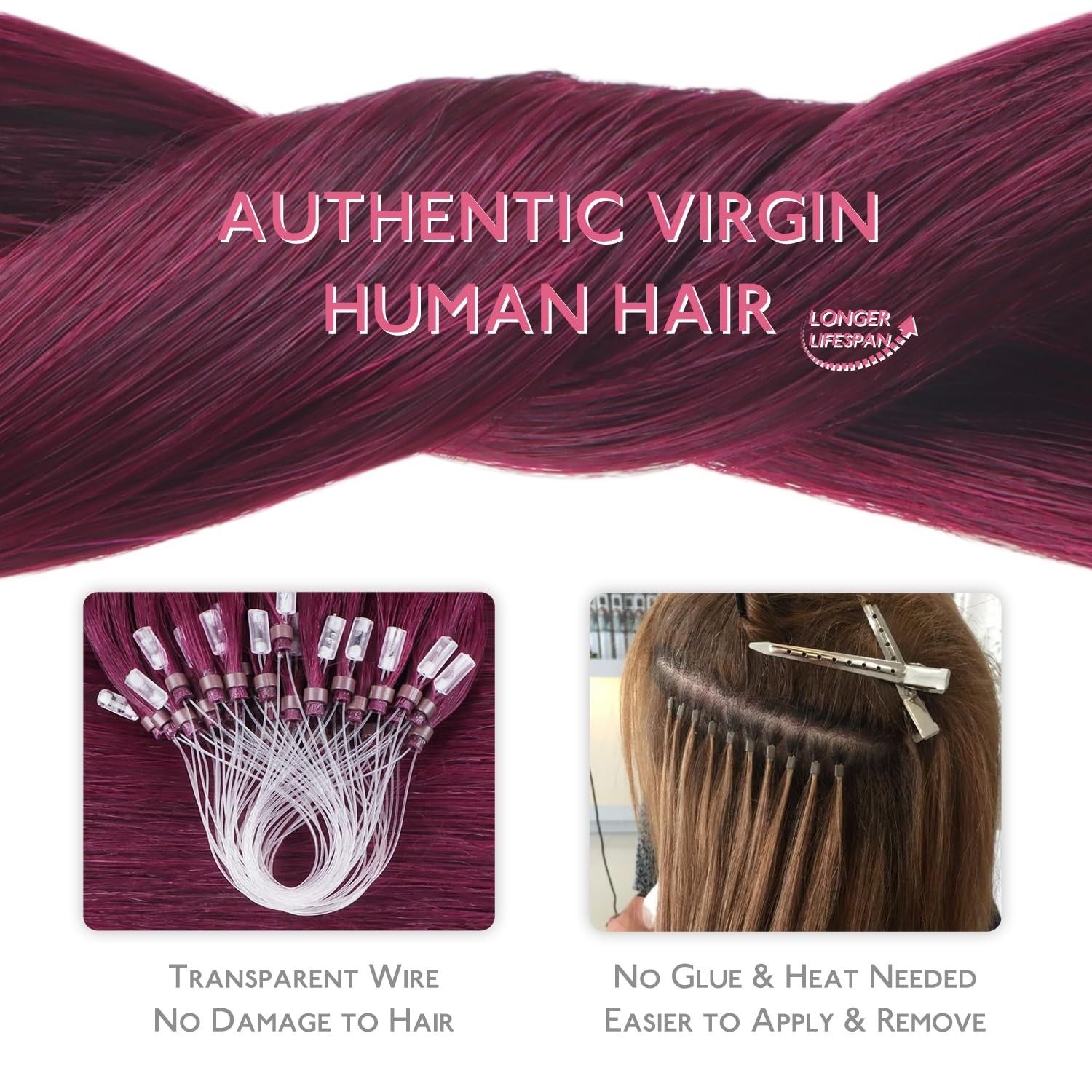 Wennalife Microlink Hair Extensions Human Hair 50G 50S 24 Inch Light Burgundy
