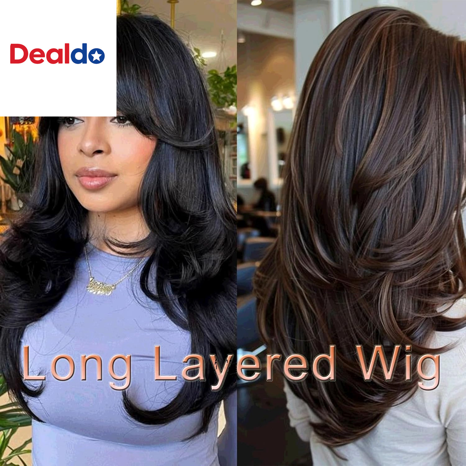Long Wavy Highlight Brown Layered Wig with Curtain Bangs for Black Women Synthet