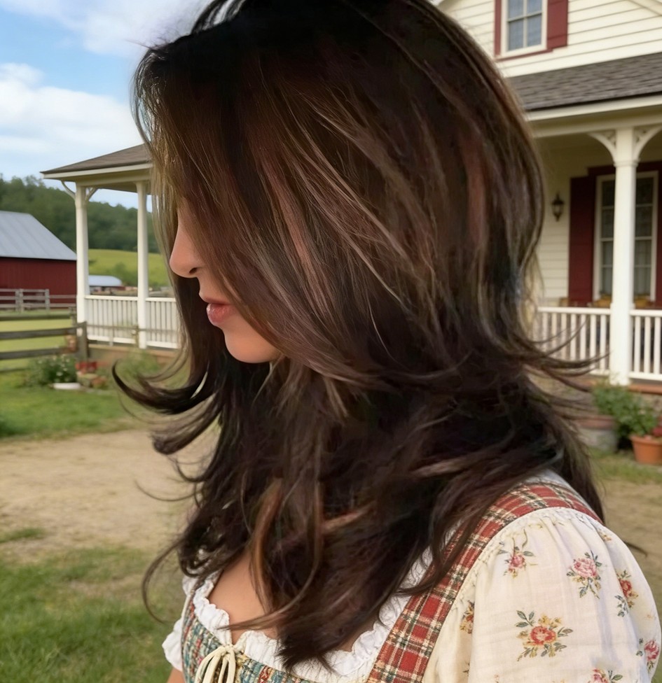 Women Dark Brown w/Gold Highlight Ombre Shoulder Length Curly Hair Wig-&&++