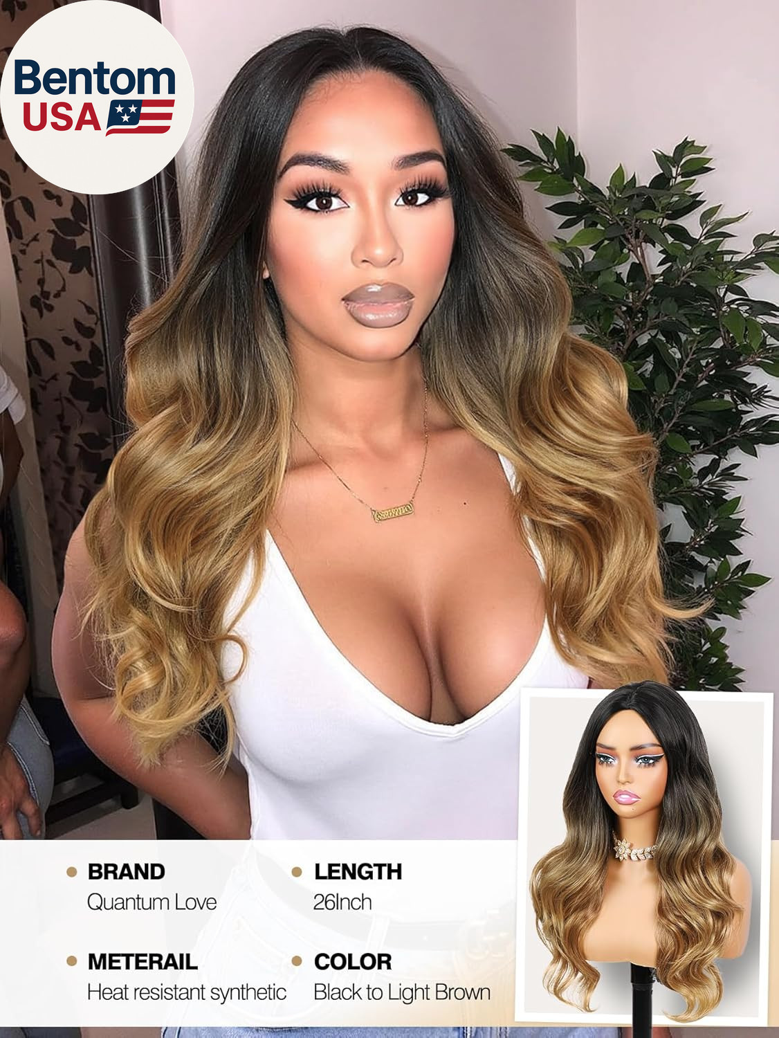 Ombre Wigs Black to Light Brown Side Part Long Wavy Wig Heat Resistant Synthetic