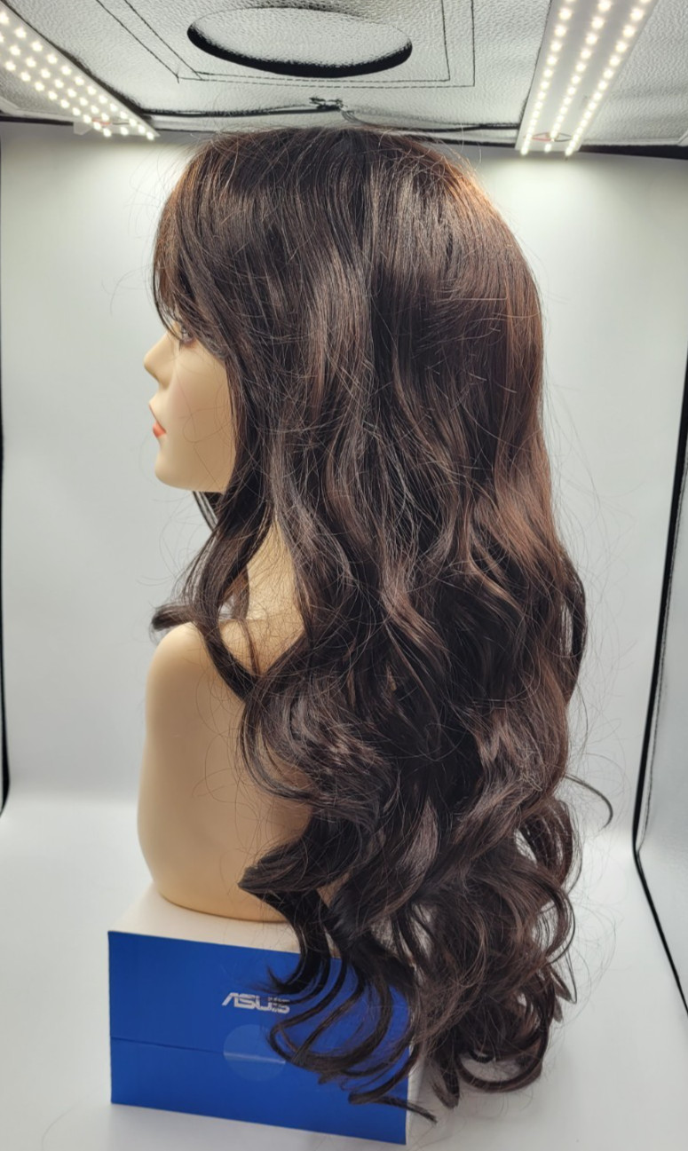 Long curly wave synthetic wig with blunt bangs heat resistant fiber full wig