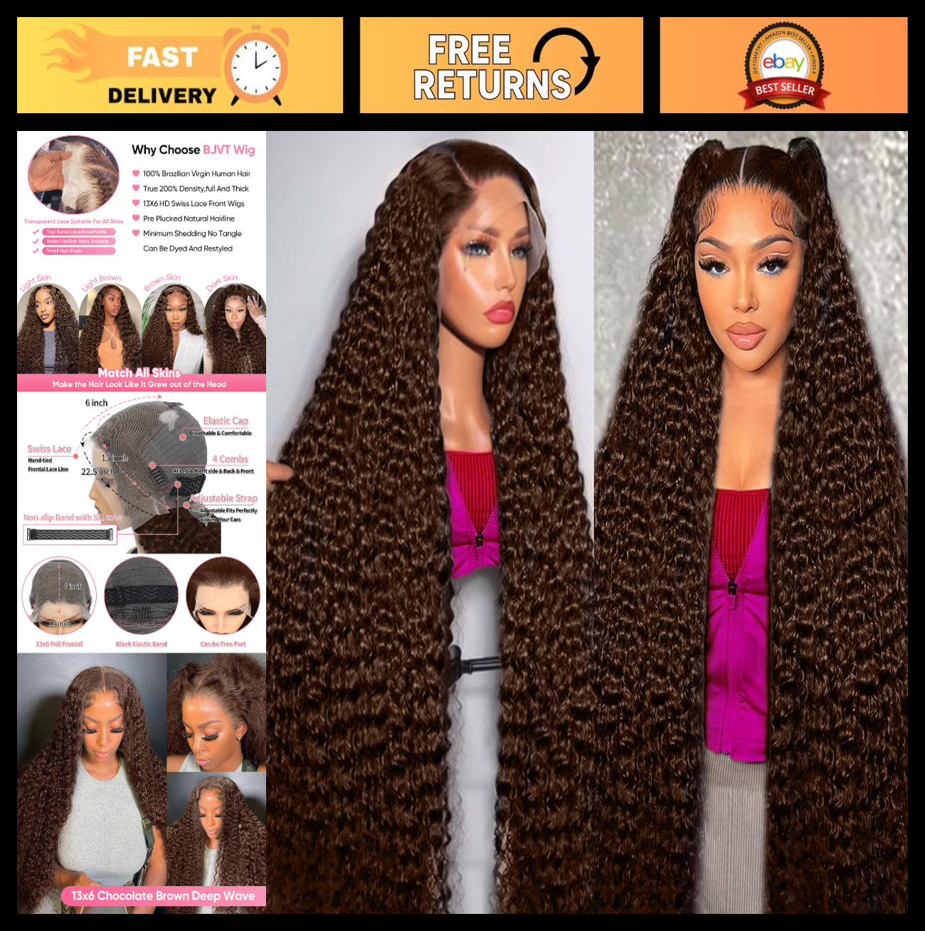 30″ Chocolate Brown Deep Wave Lace Front Wig – 210 Density, 13×6 HD Lace, Pre-Pl