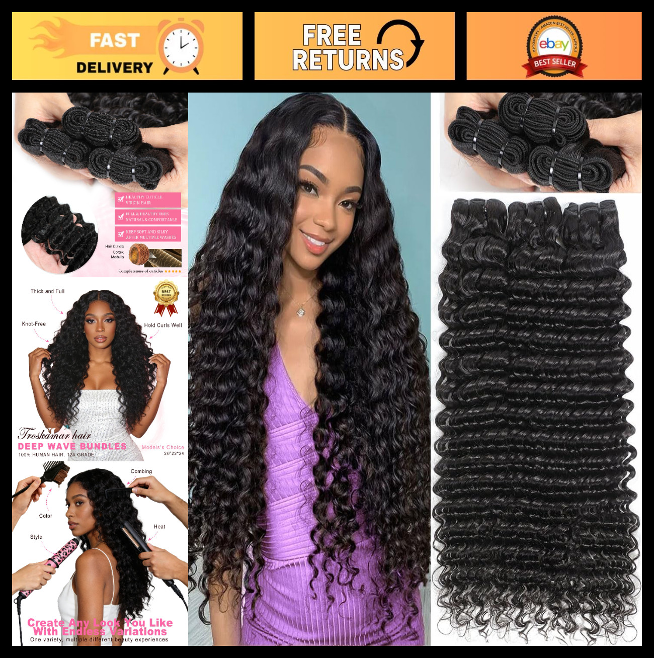 12A Indian Deep Wave Human Hair Bundles – 18/20/22 Inch Curly Wet & Wavy, 100% R