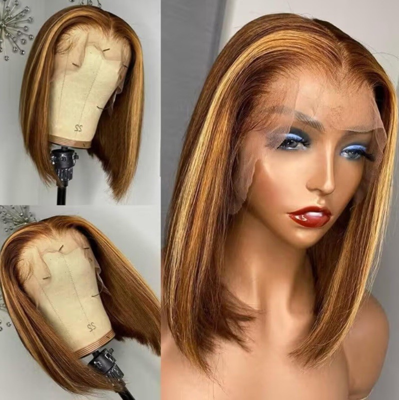 Lace Front Wig Brown Blond Highlights Straight Bob 11-20in Adjustable Straps