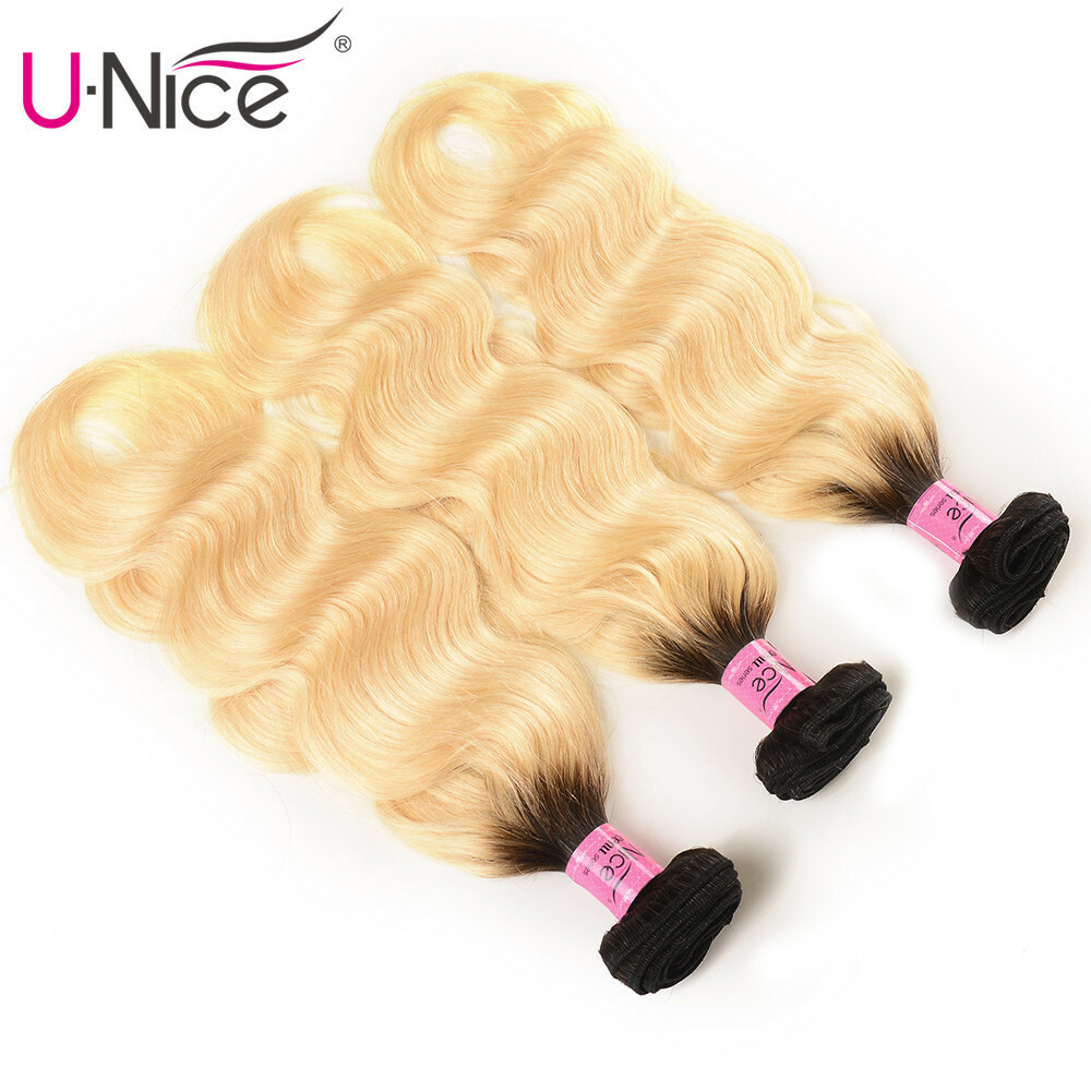UNice Malaysian Ombre Blonde Body Wave Human Hair Weave Bundle With Lace Closure