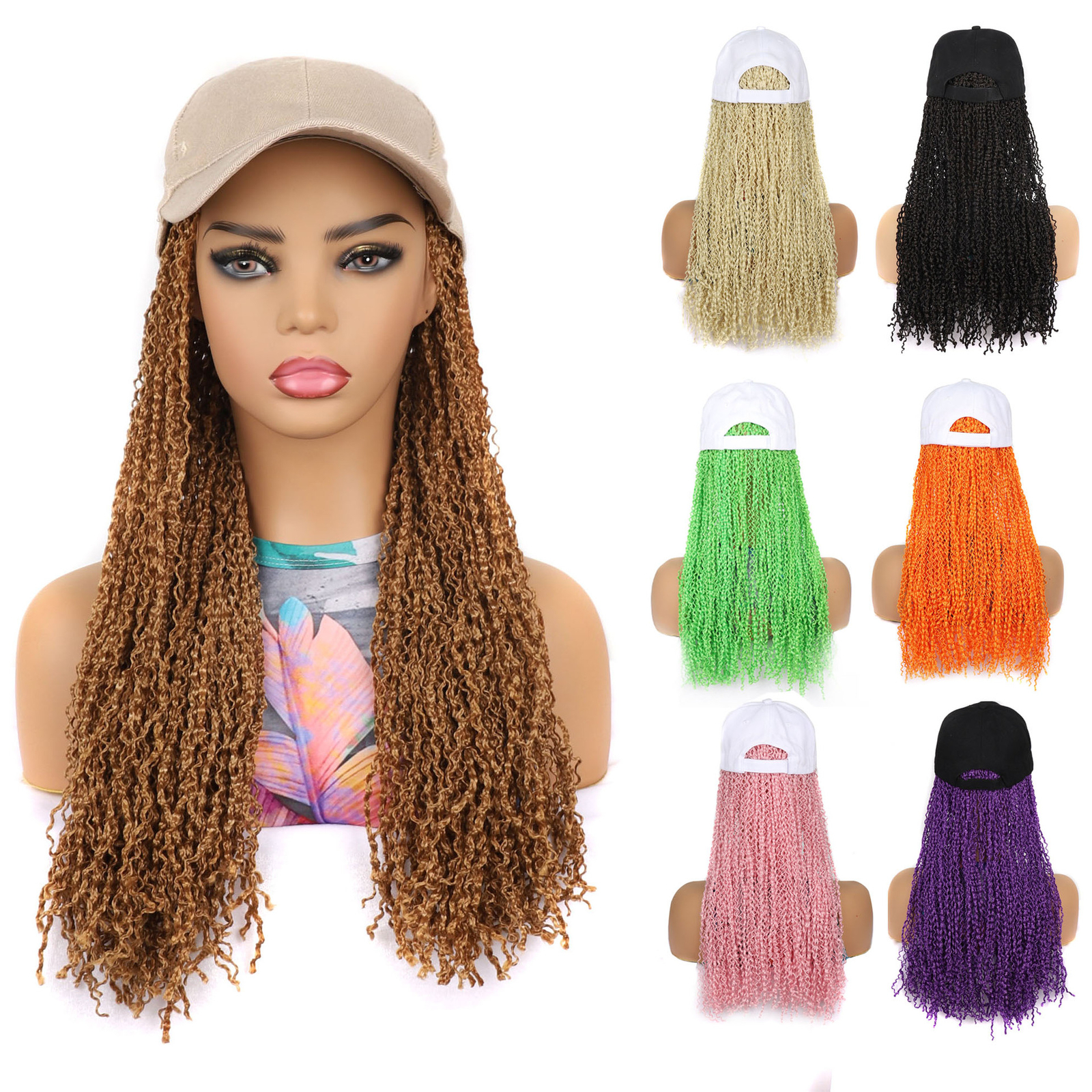 Baseball Cap With Curly Wave Braid Attached Micro Braids Hat Wig for Women Girls