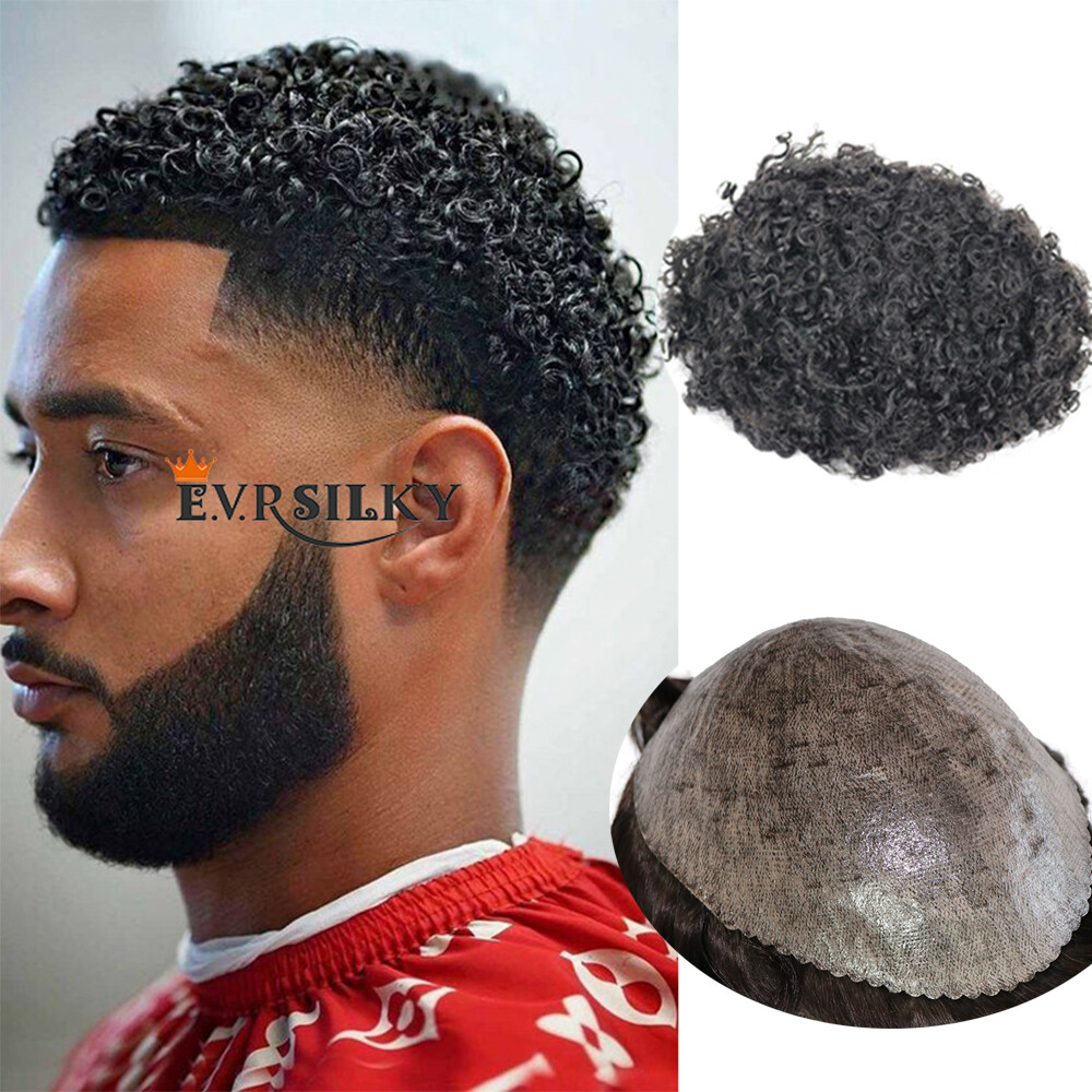 Nice 12mm Curly Men Toupee Human Hair Durable Thin Skin Full Pu Base Male Wig