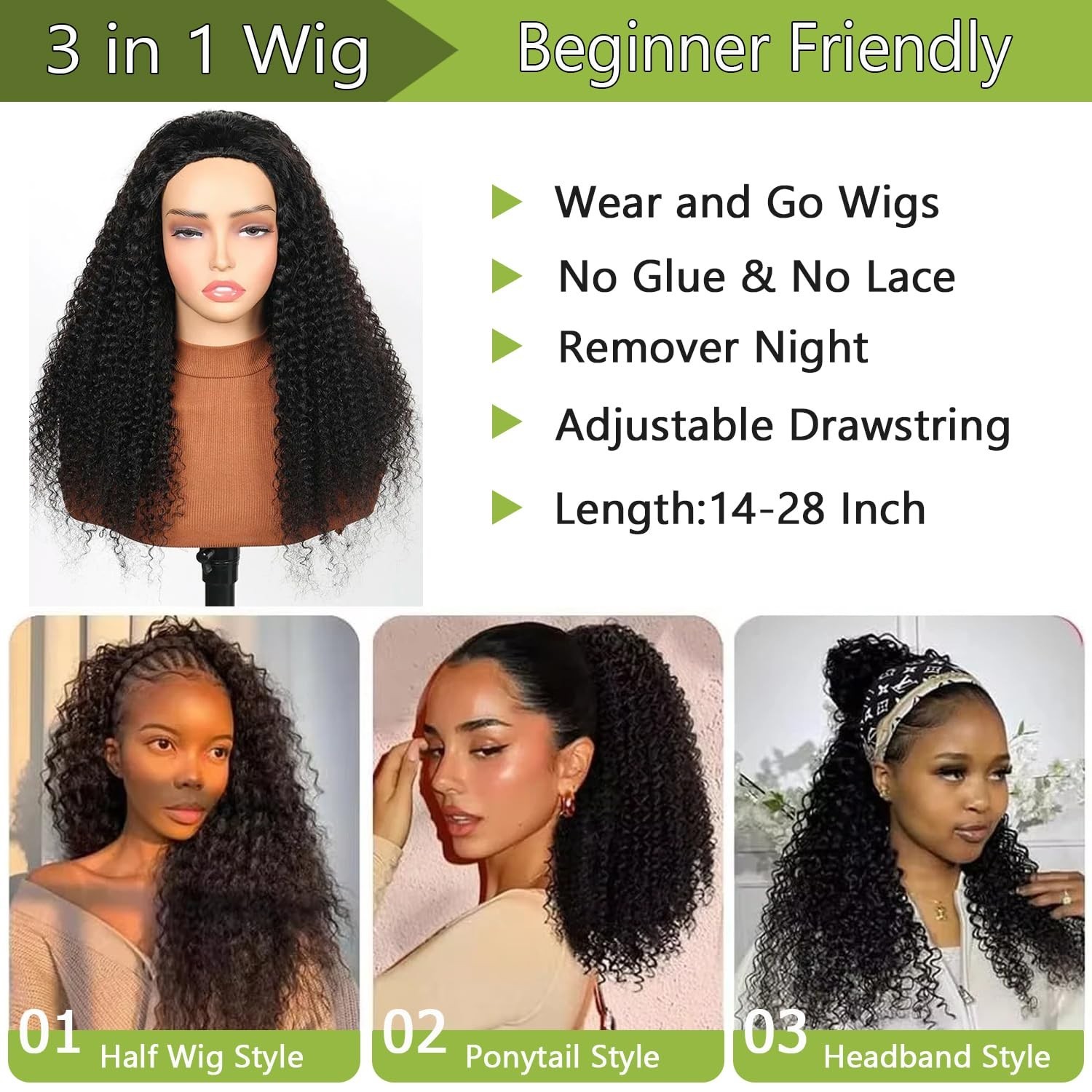 Half Wig Human Hair Kinky Curly Wear & Go Glueless Flip Over 180% Density 22Inch