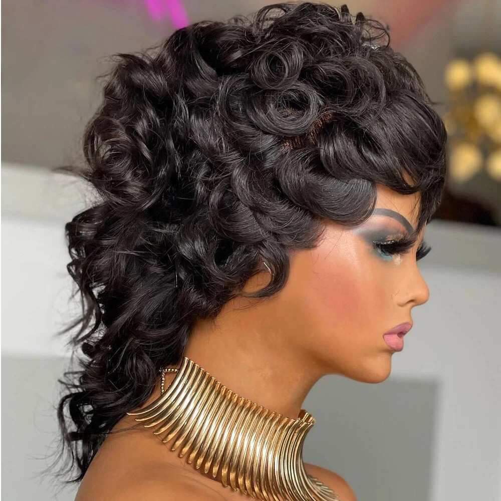 Black Short Mullet Curly Wig Wigs with Bangs Brazilian Hair None Lace Wigs