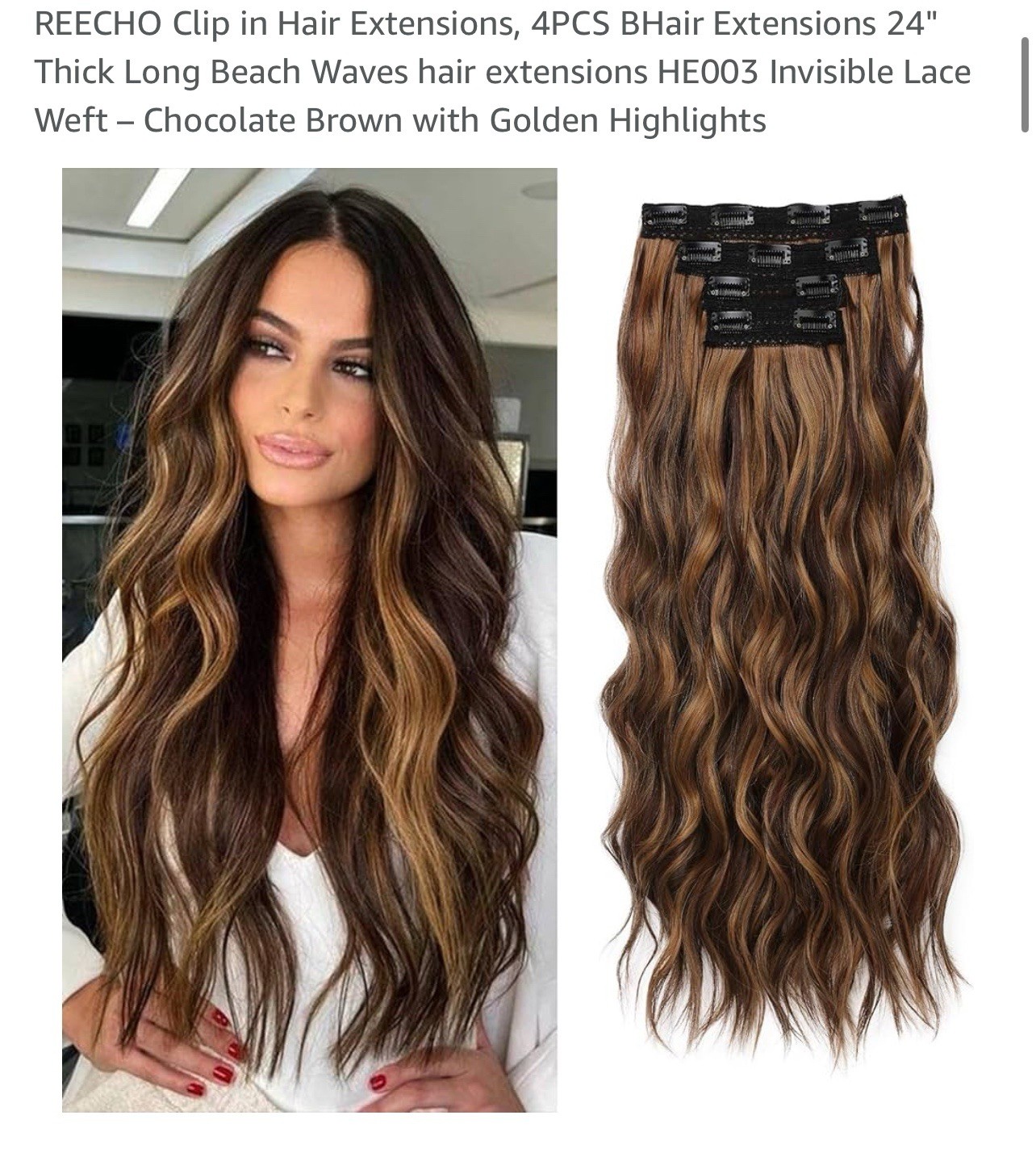 Reecho Clip-in Hair Extensions 20” Thick Long Beach Waves Brown with Highlights