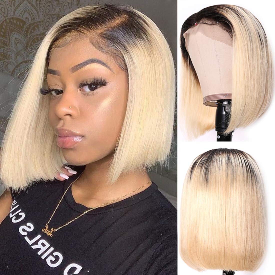 Smartinnov 12Inch 1B/613 Ombre Blonde Bob Wigs Human Hair Glueless 13X4 Hd