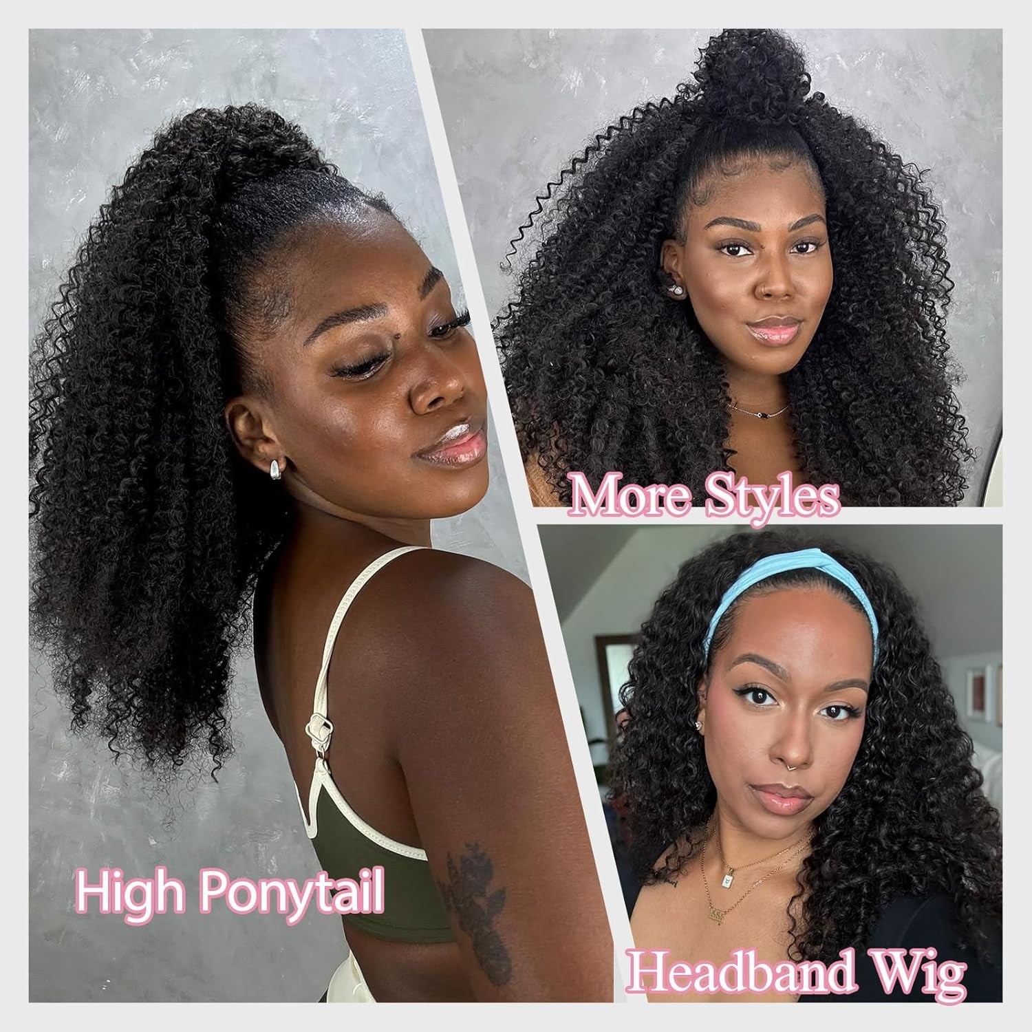 Kinky Curly Half Wig Human Hair Upgrade 3 In 1 Half Wig With Drawstring No Lace