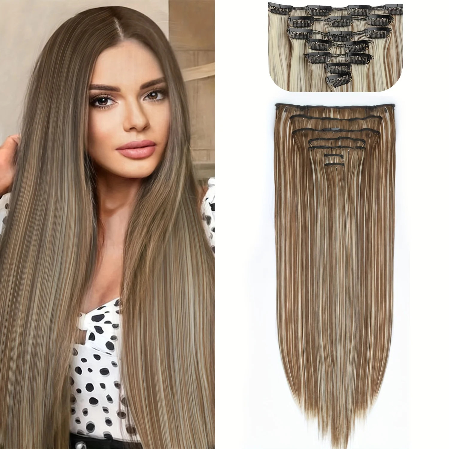 Long Straight 16 Clips 7Pcs Hair Extensions Heat Resistant Blonde Black