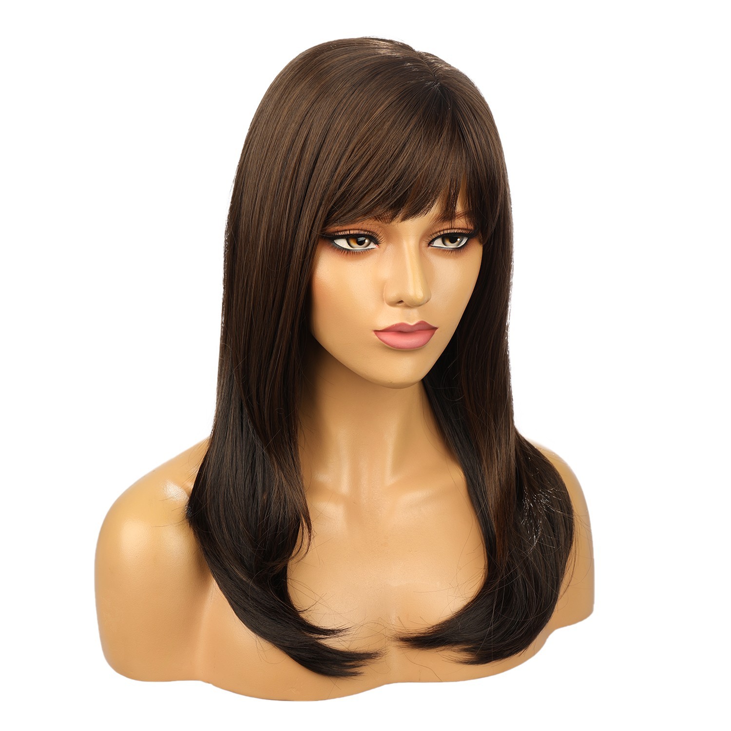 55cm Color Brown High Temperature Fiber Hair Wigs With Bangs For Women Rose net