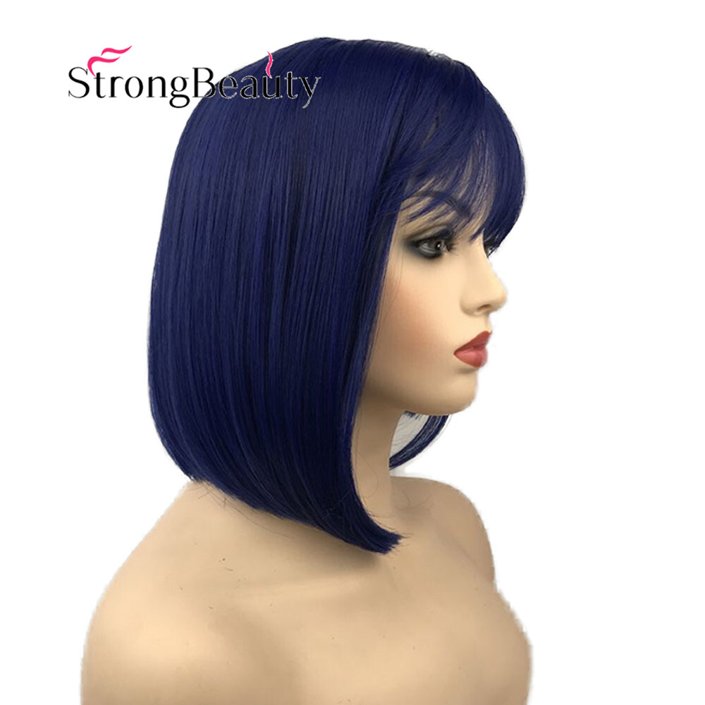 Short Bob Straight Dark Blue Purple Hair Wigs Synthetic Cosplay Wig Heat Ok