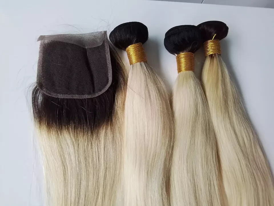 12A BRAZILIAN HUMAN HAIR 1B/613# ROOT OMBRE 12+14+16&12INCH 4X4 CLOSURE STRAIGHT