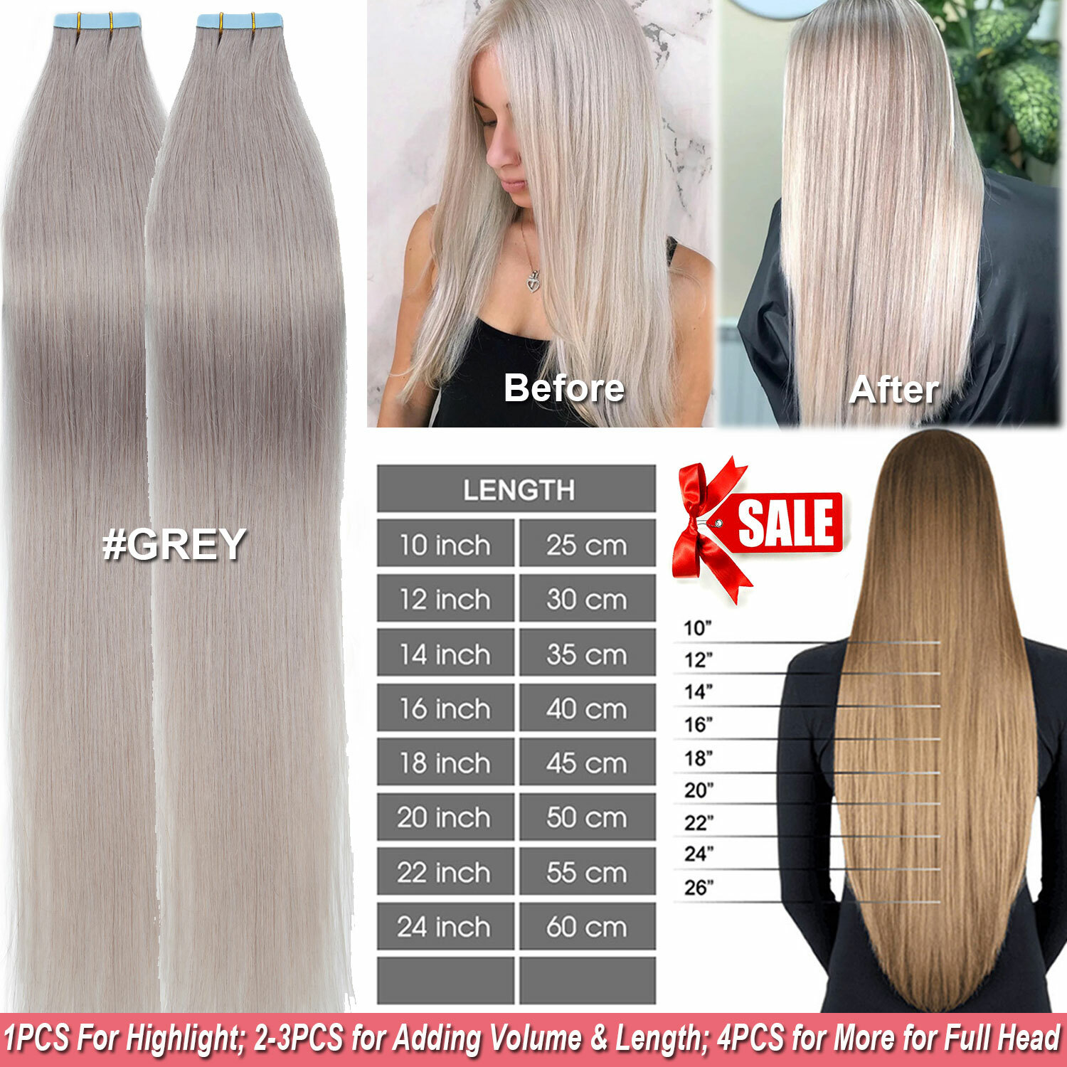 20/40/60PCS THICK Tape In 100% Remy Human Hair Extensions Russian Skin Weft GREY