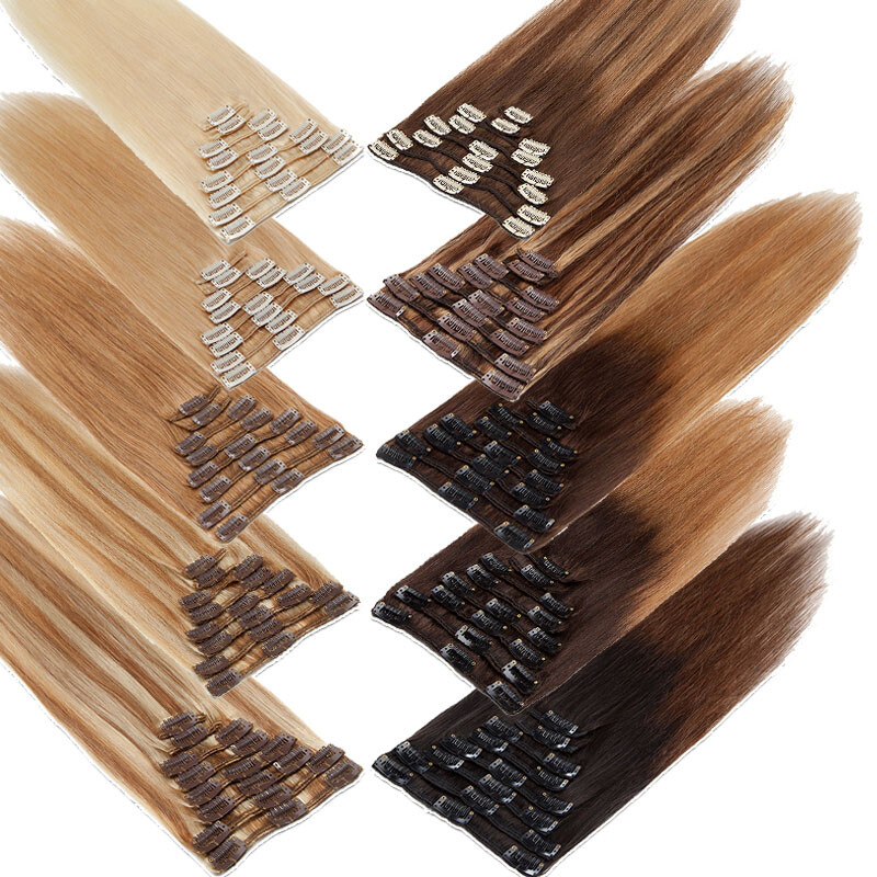 Clip In Extensions Clip On 100% Real Human Hair Extensions Full Head Balayage US