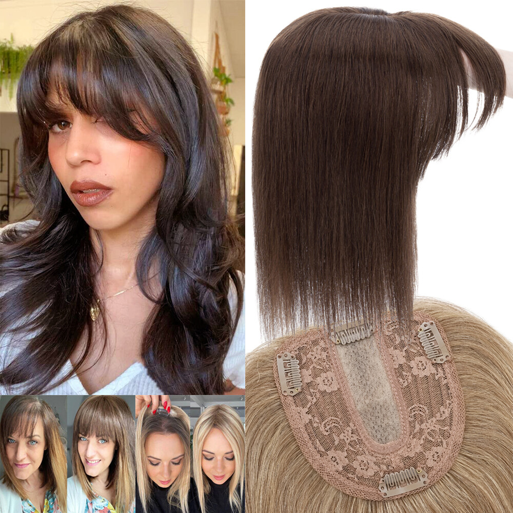 Silk Base Topper Hairpiece & Bangs Clip In Remy Human Hair Wiglet Toupee Caramel