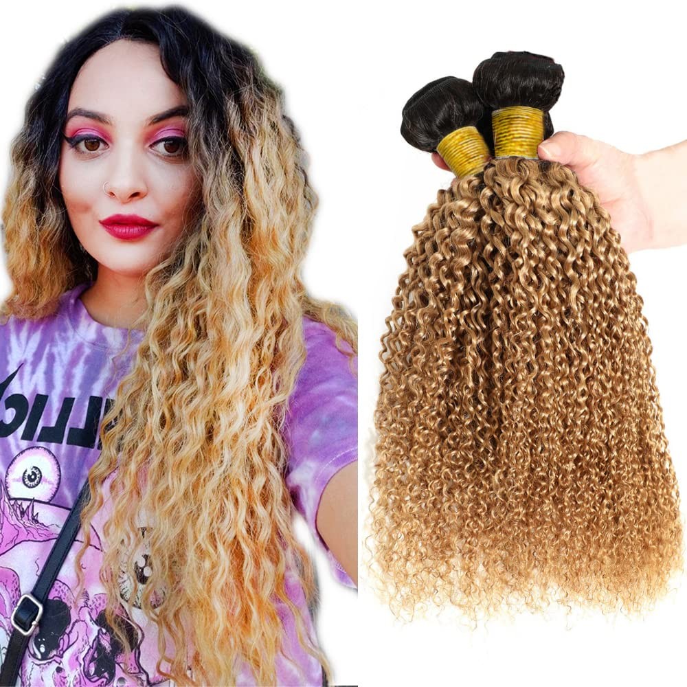 1B27 Kinky Curly Bundle Ombre Honey Blonde Human Hair 3 Bundles Brazilian Unproc