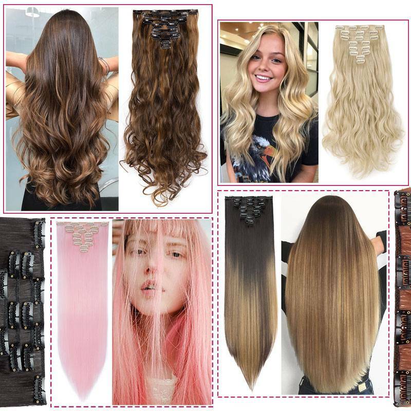 US 8Pcs 18Clips Clip in Full Head Synthetic Hair Extensions as Human Hair Curly