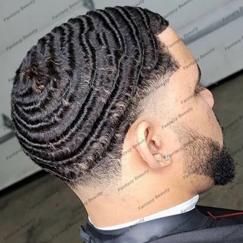 Austrailian Lace&PU Base Black Men Toupee 10mm 360 Wave Curly Human Hair Wigs